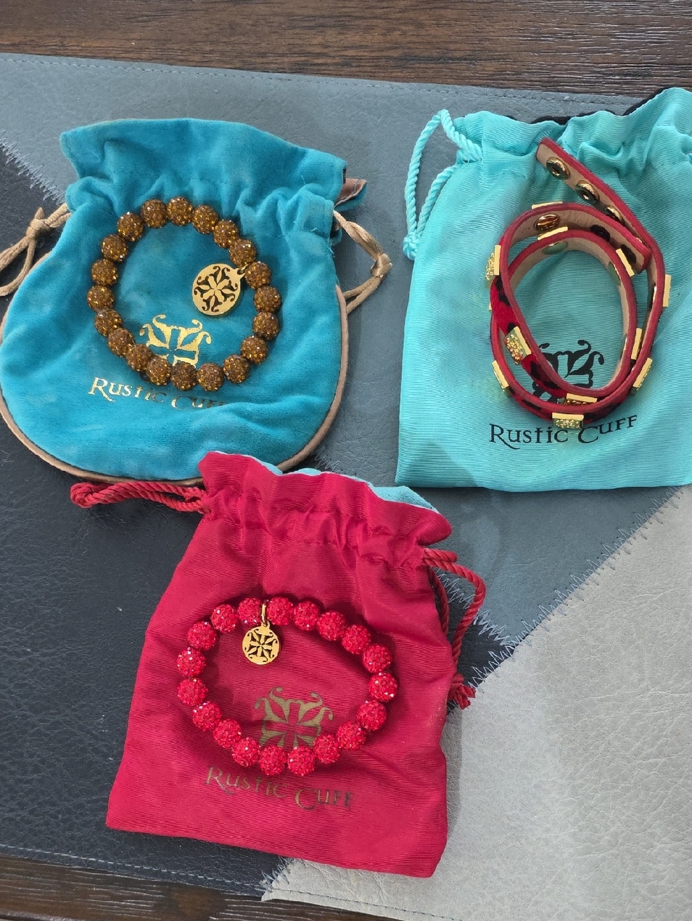 Rustic Cuff Red and Gold Beaded Stretch Bracelet with Charm